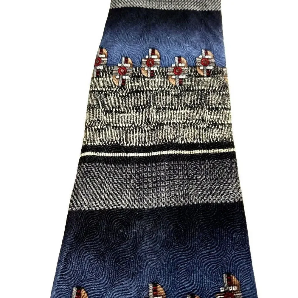 Chez Roffe Silk Tie Print Gray Blue Wide‎